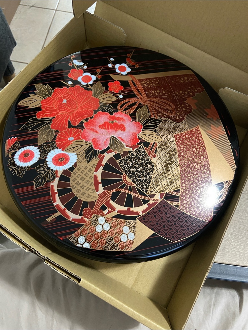 Vintage Japanese Lacquer Black & Gold Floral Design Serving Tray Container